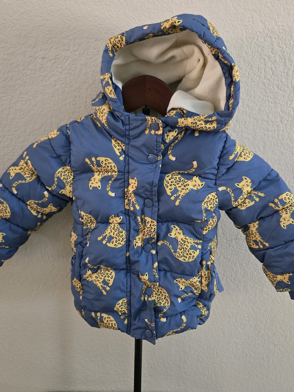 Amazon Essentials Blue Jacket with Yellow Cats. New